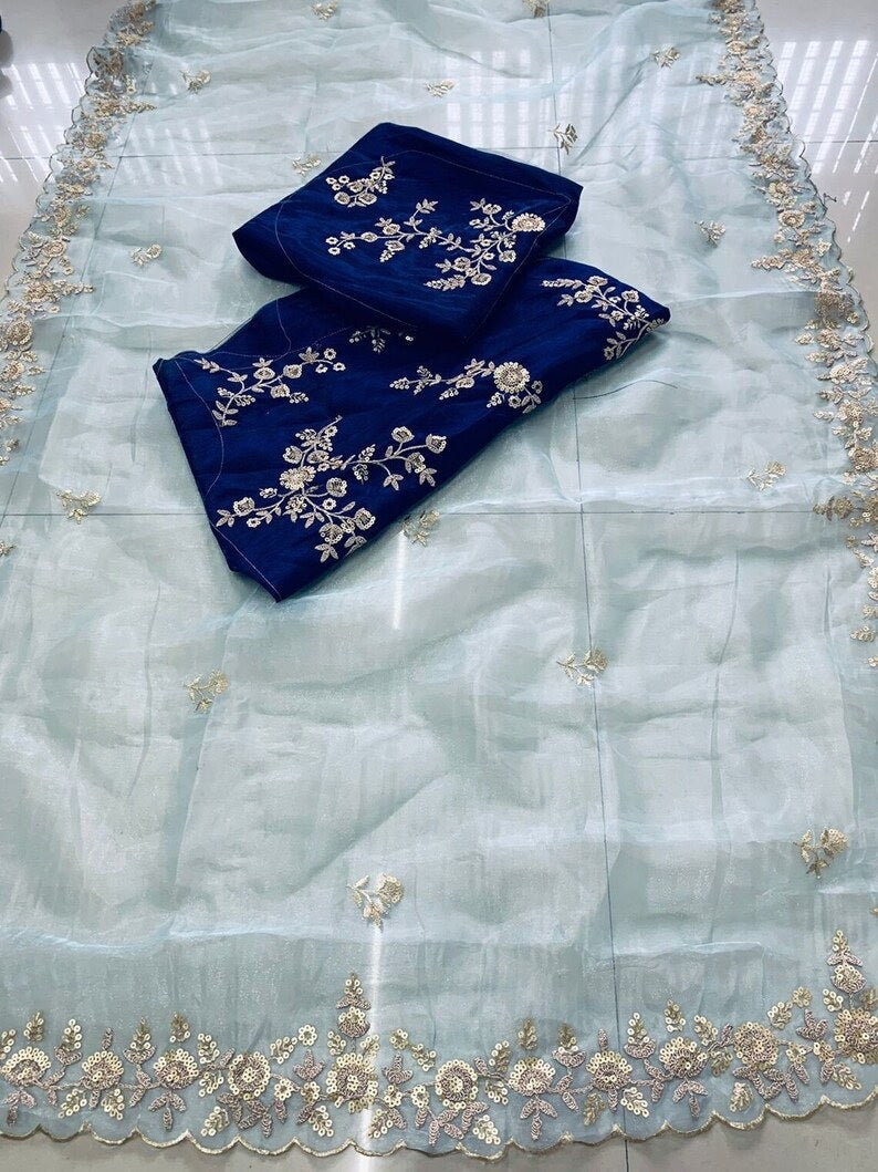 Soft Georgette Embroidery Cut Work Saree With Blouse image 3