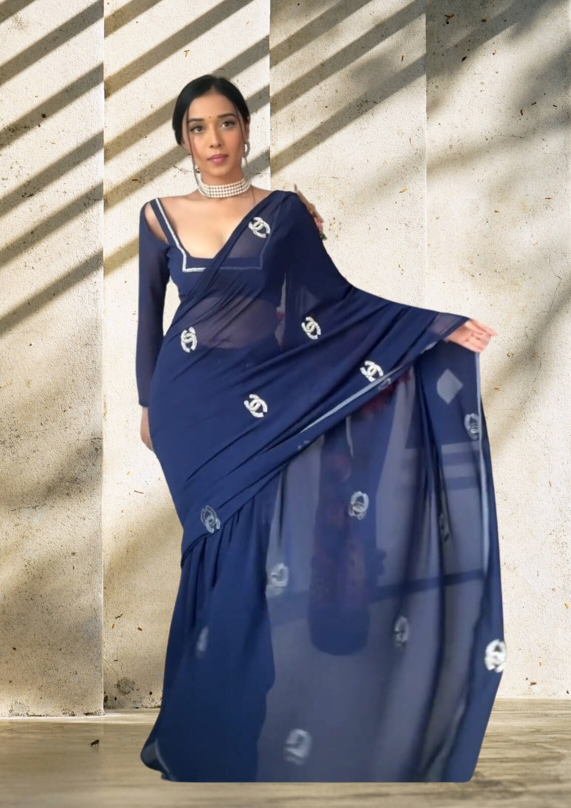 Premium Georgette & Beautiful Embroidery Work Ready To Wear Saree image 3