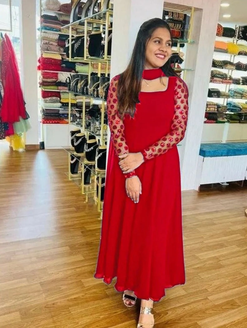Georgette With Full Stitch With Embroidery Sleeve Work Dress image 3