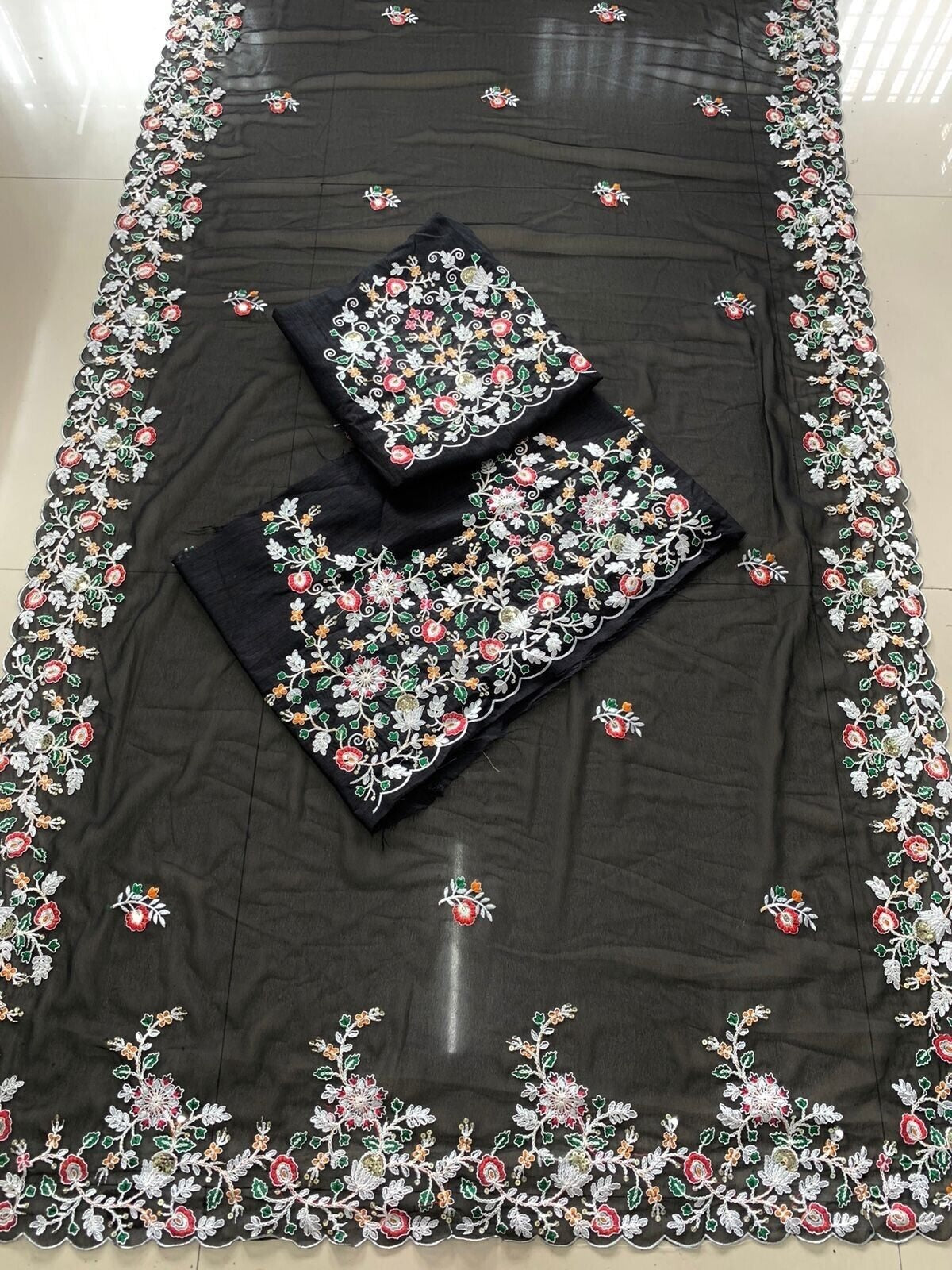 Black Georgette Embroidery Work Saree image 3