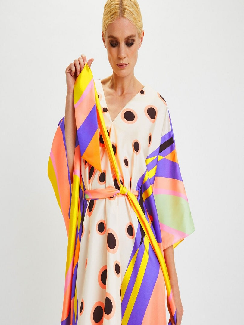 Butterfly Belted V-Neck Style Kaftan, Satin Silk Short Caftan J5654 image 4