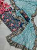 Sky Blue Georgette Embroidery Zari Work Saree image 4