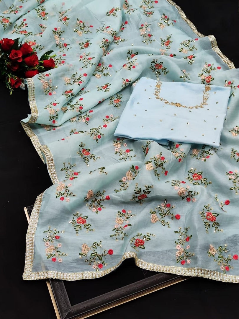 Sky Blue Color Khadi Organza With Floral And Sequence Work Saree image 2