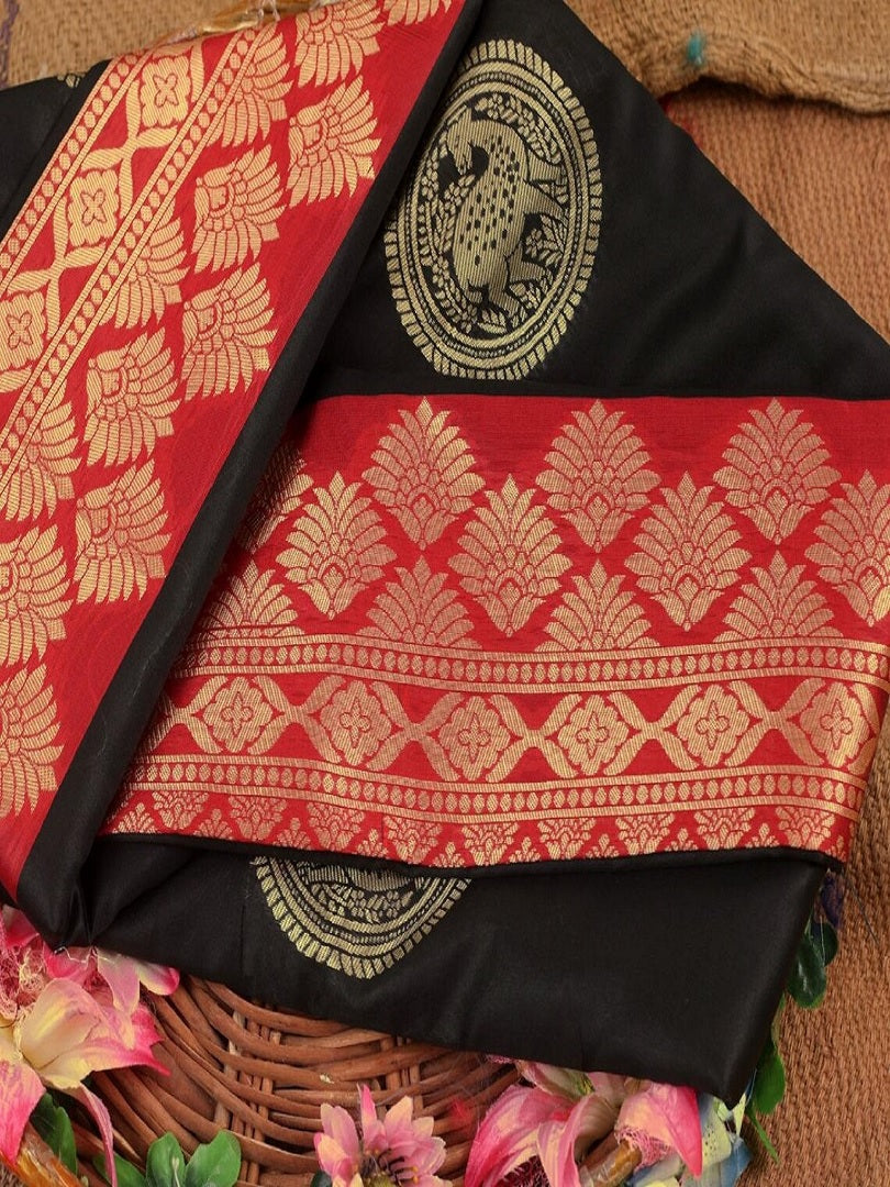 Black and Red Soft Lichi Silk Saree image 5