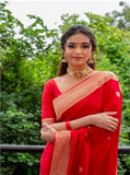 Red Soft Lichi Silk Saree And Blouse Wedding Wear Latest Sari Collection image 4