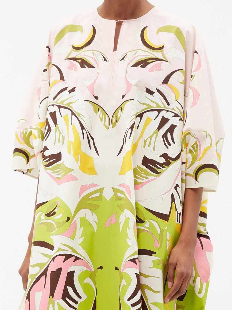 Trending Free Size Crepe Silk Beach Kaftan Green Off-White J5692 image 4