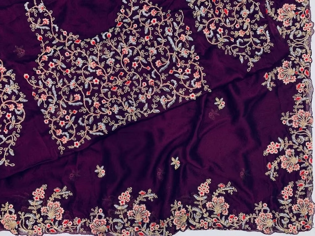 Eggplant Color Rangoli Silk Embroidery Work Saree image 6