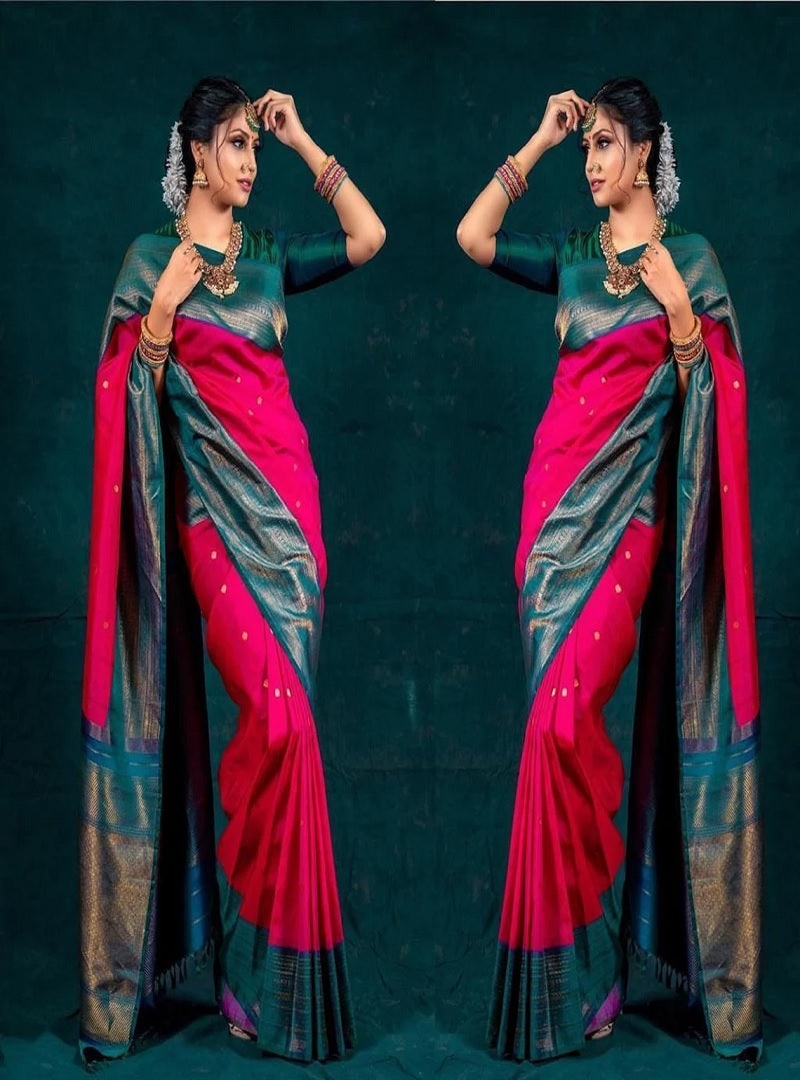 Pink Banarasi Soft Silk Saree And Unstitched Blouse image 3