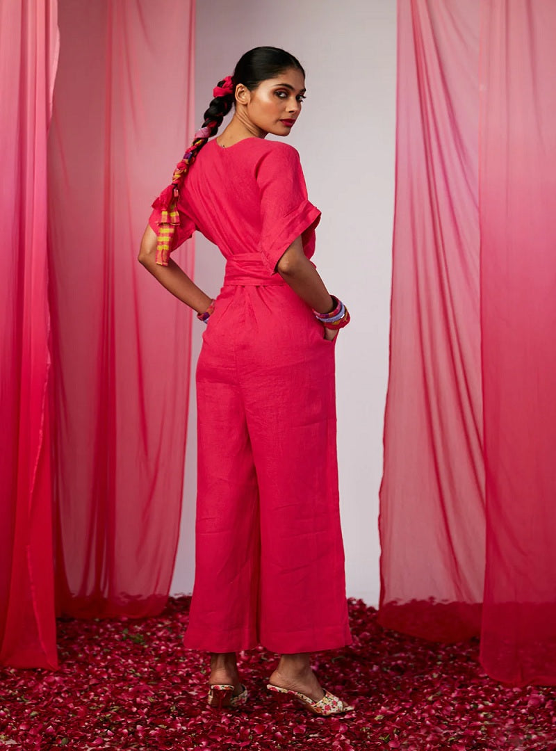 Hot Pink Linen Jumpsuit For Women image 4