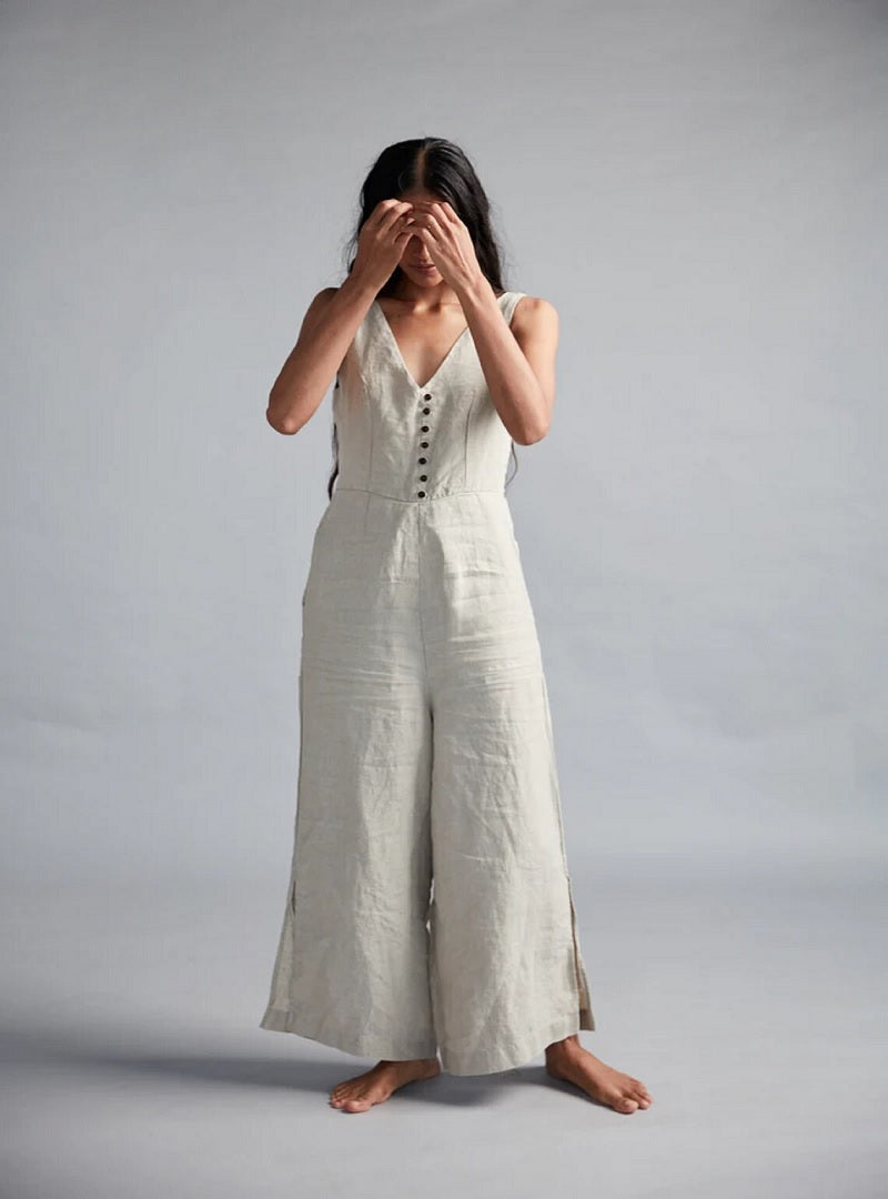 Off White Linen Jumpsuit image 1