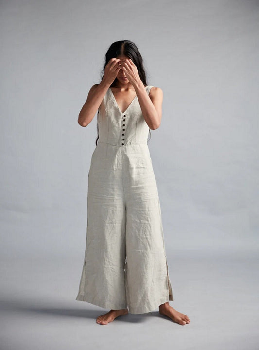 Off White Linen Jumpsuit image 1