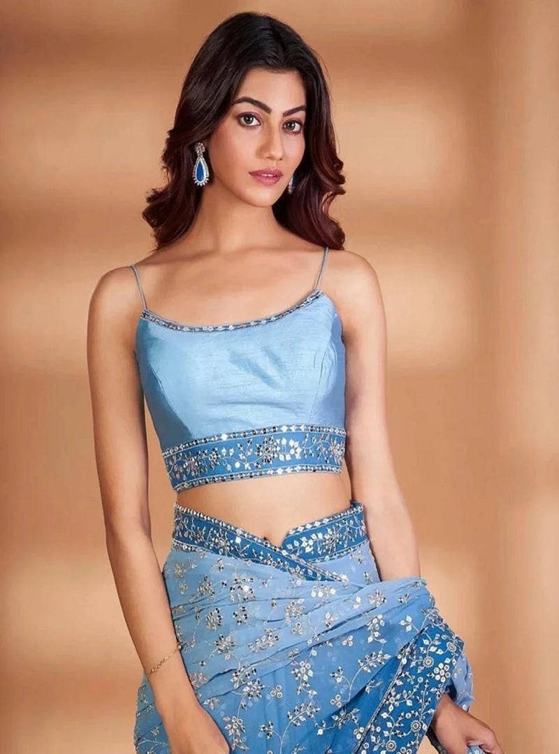 Sky Blue Soft Georgette Embroidery Sequence And Thread Work Saree image 4