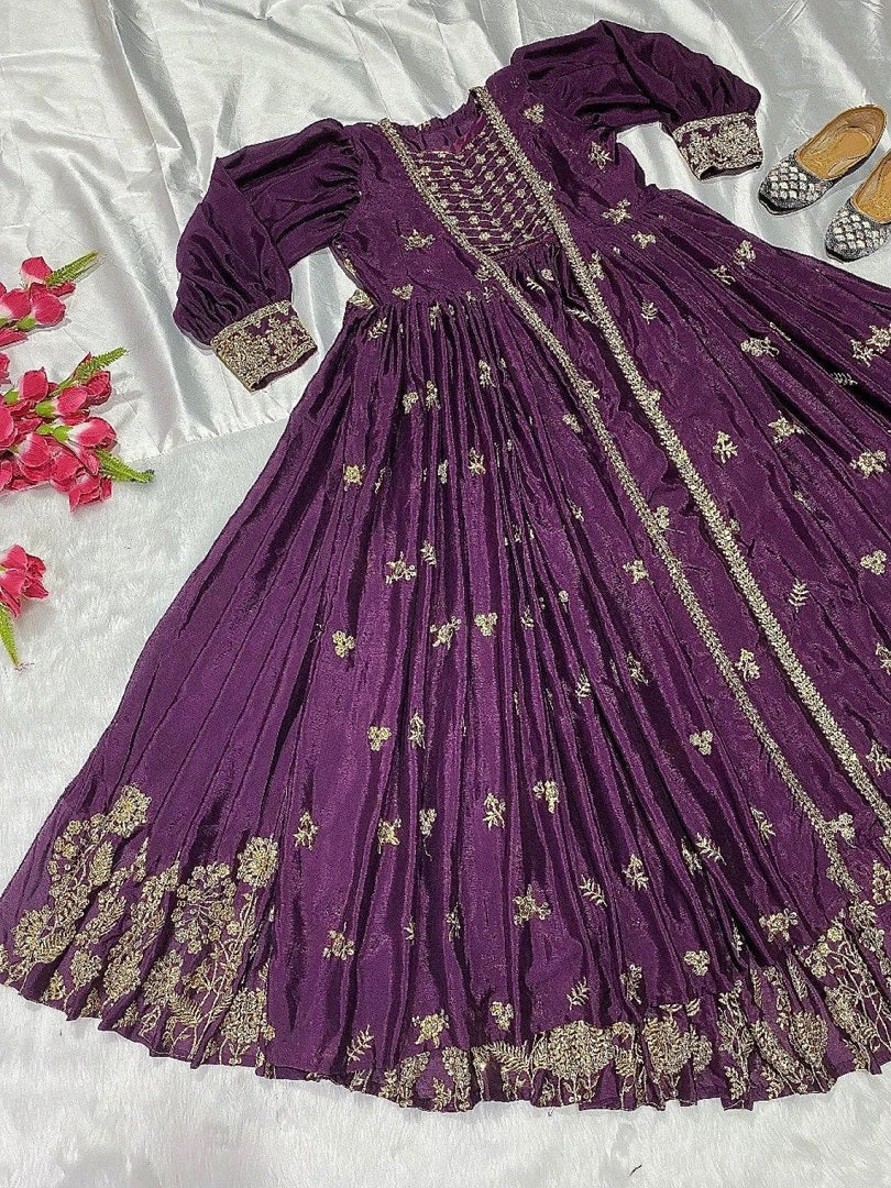 Eggplant Chinon Sequence Embroidered Lehenga Choli With Koti Set image 6