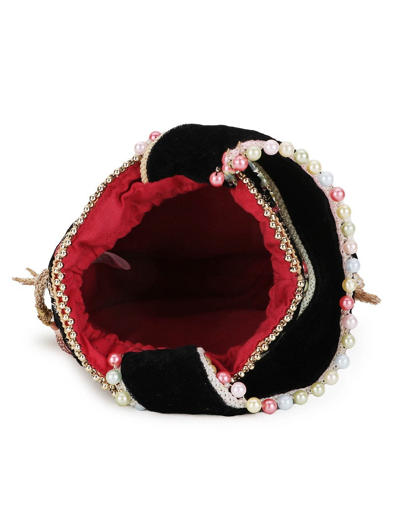 Black, Pink & Multi Velvet Floral Embroidered Potli bag image 4