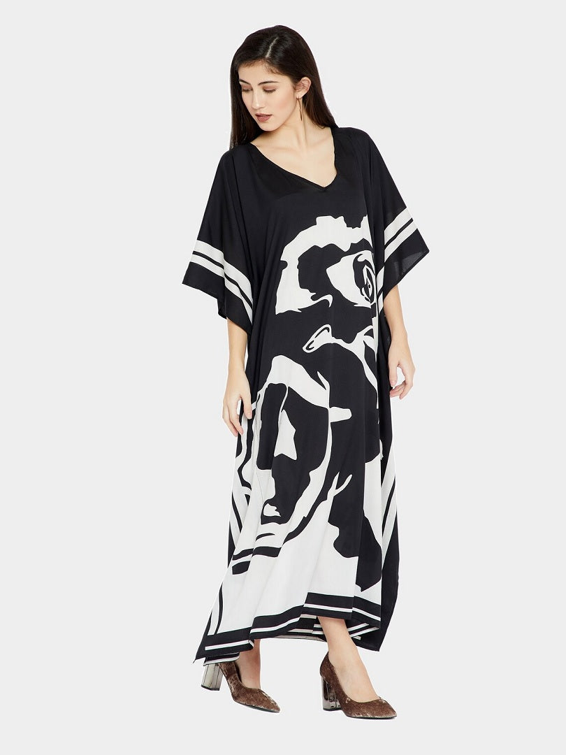 Black & White Floral Design Plus Size Silk Crepe Kaftan Dress for Women J5629 image 4