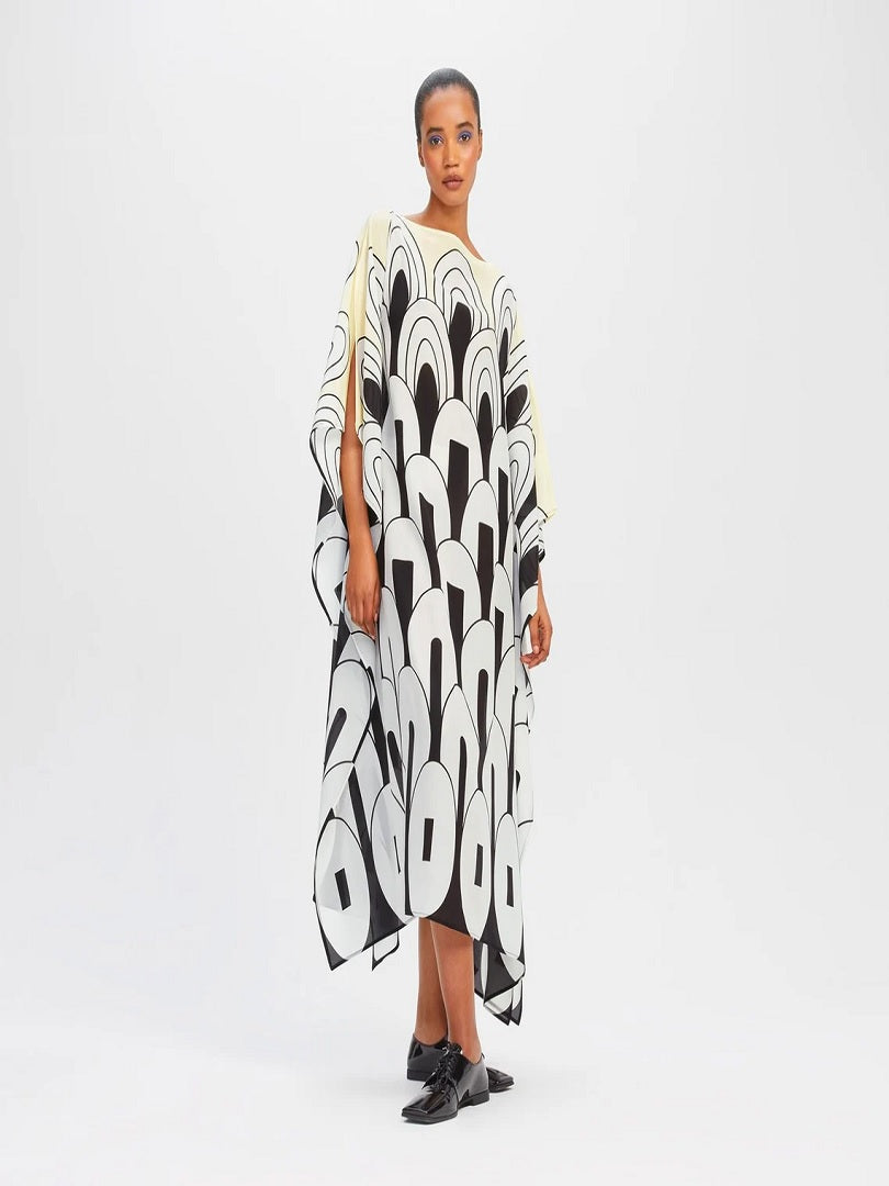 Geometric Boat Neck Style Silk Crepe Printed Kaftan J5633 image 4