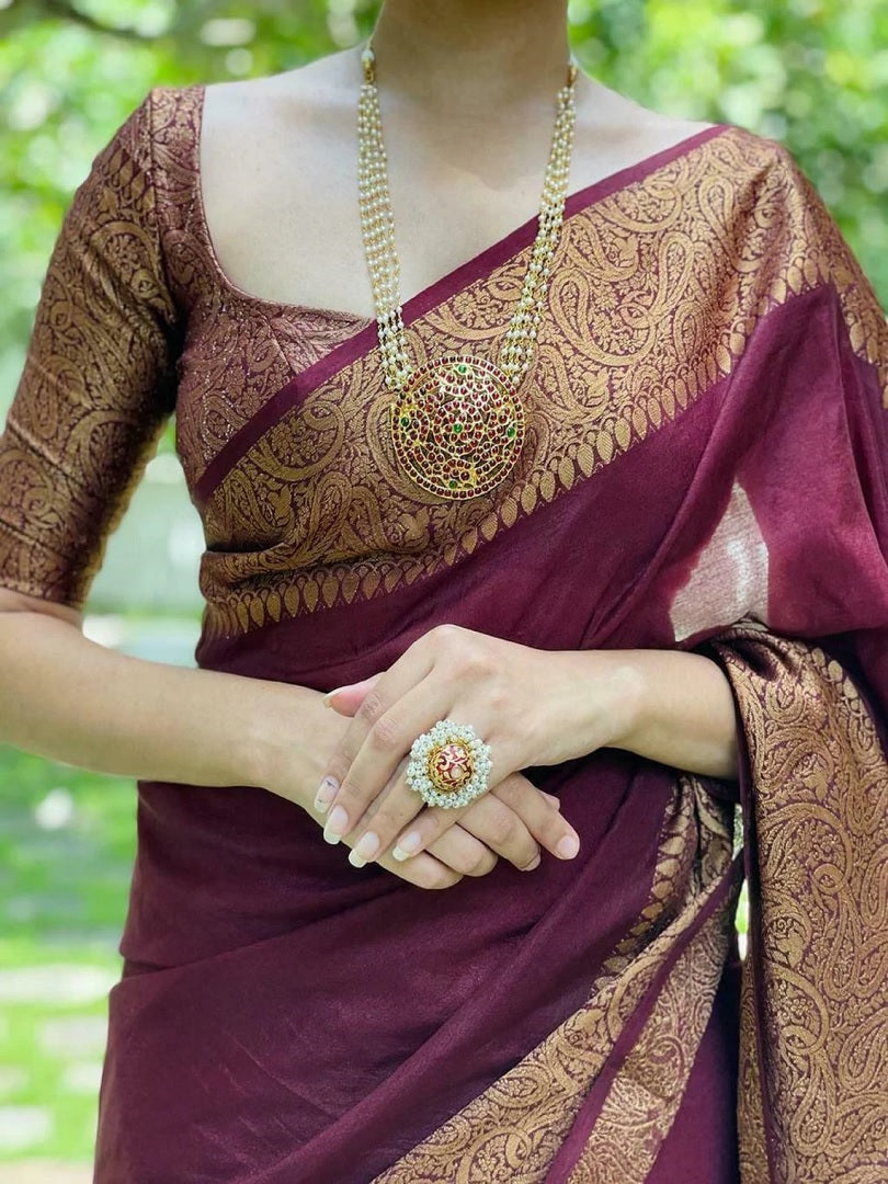 Wine Soft Lichi Silk Jacquard Border Saree KP image 4