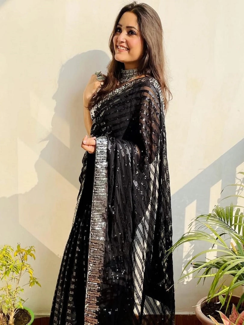 Black Georgette With Sequence Lace Work Saree image 6