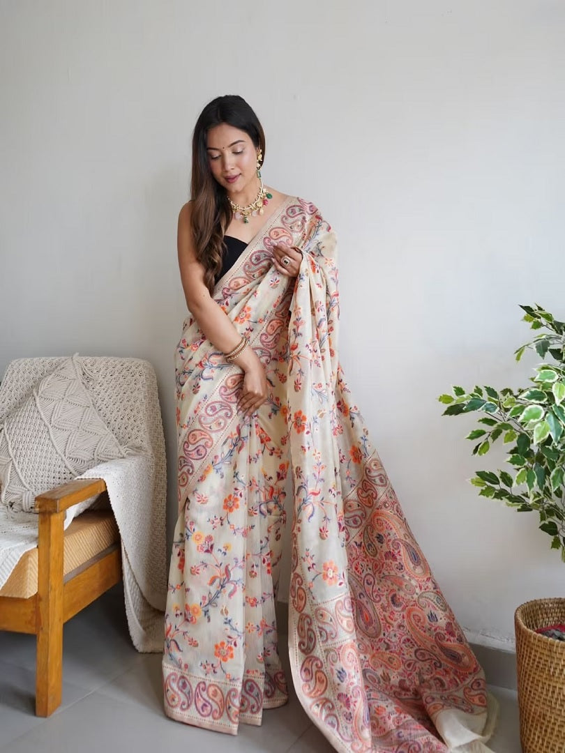 Off White Kashmiri Thread Weaving Pure Zari Work Saree image 4