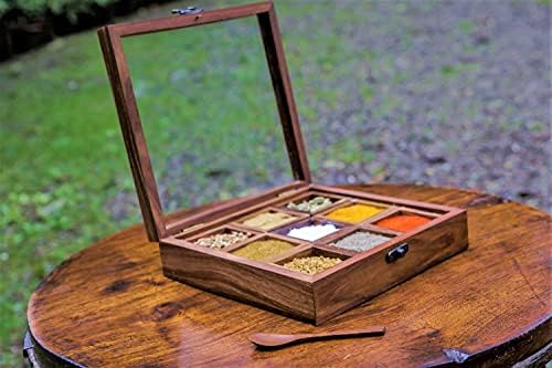 Anayra's Indian Rosewood Spice Box Sheesham Masala Dabba Containers Jars Cum Kitchen Spice Box with Spoon (Brown)