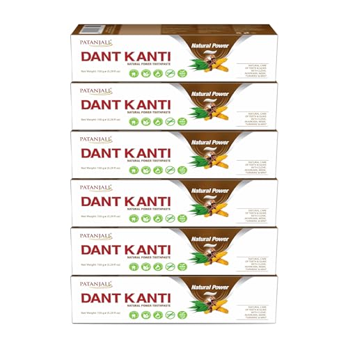 Patanjali Dant Kanti Natural Toothpaste 150 g / 5.29 fl oz – Herbal Ayurvedic Fluoride‑Free Toothpaste for Strong Teeth & Healthy Gums – Fresh Herbal Flavor - (Pack of 6)