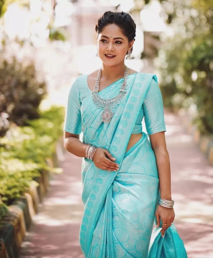 Sky Blue Soft Lichi Silk Jacquard Work Saree image 1