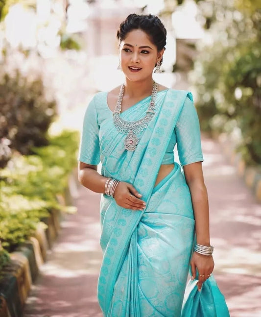 Sky Blue Soft Lichi Silk Jacquard Work Saree image 1