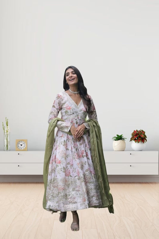 Russian Silk with Embroidery Work Long Anarkali Dress With Dupatta image 1