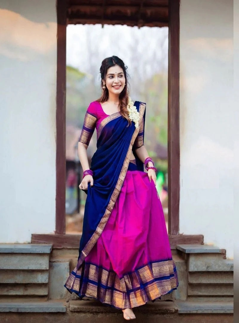Pink Ethnic Half Saree South Indian Heavy Kanchipuram Lehenga Blouse Dupatta image 1