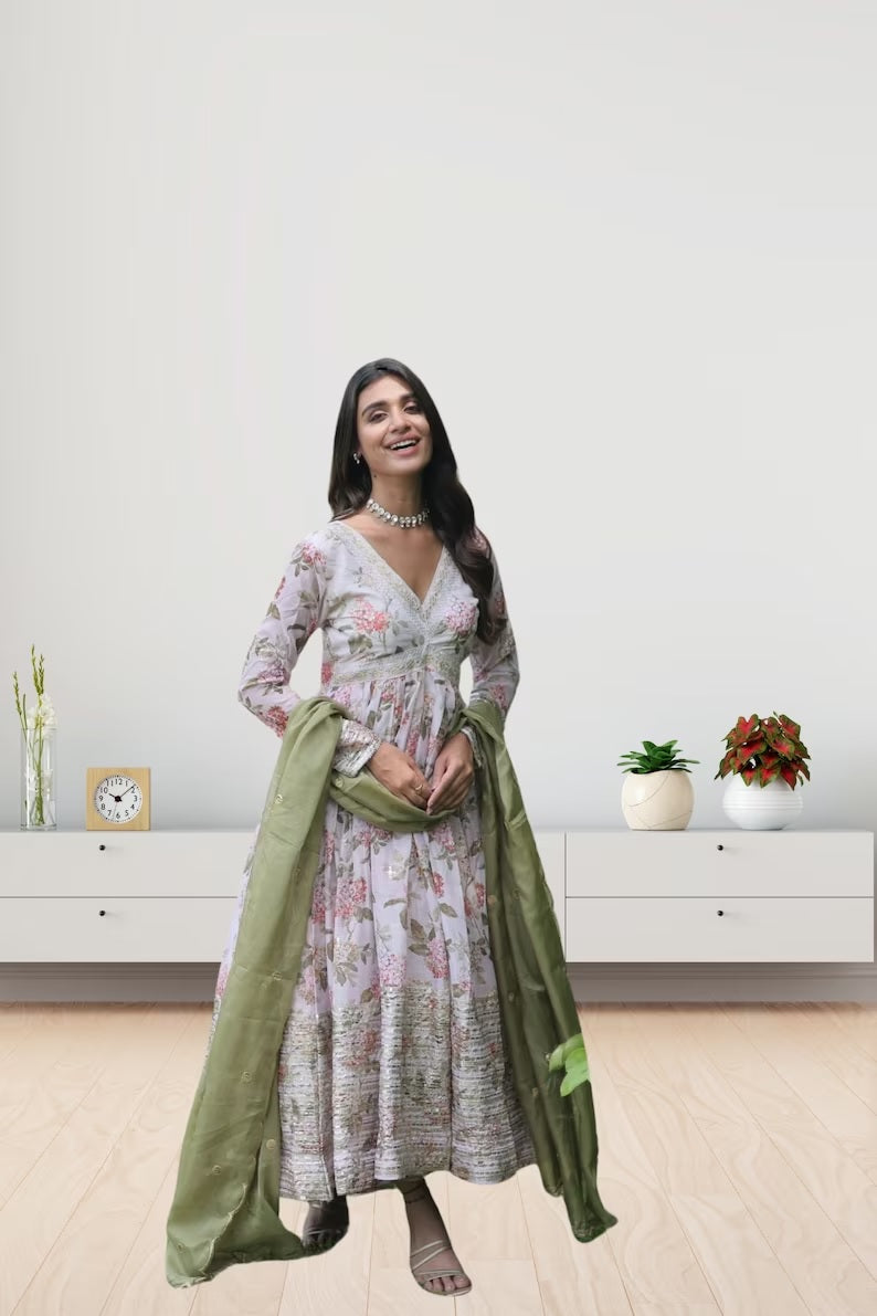 Russian Silk with Embroidery Work Long Anarkali Dress With Dupatta image 3