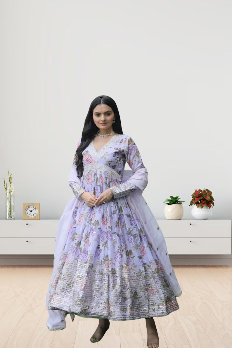 Russian Silk with Embroidery Work Long Anarkali Dress With Dupatta image 4