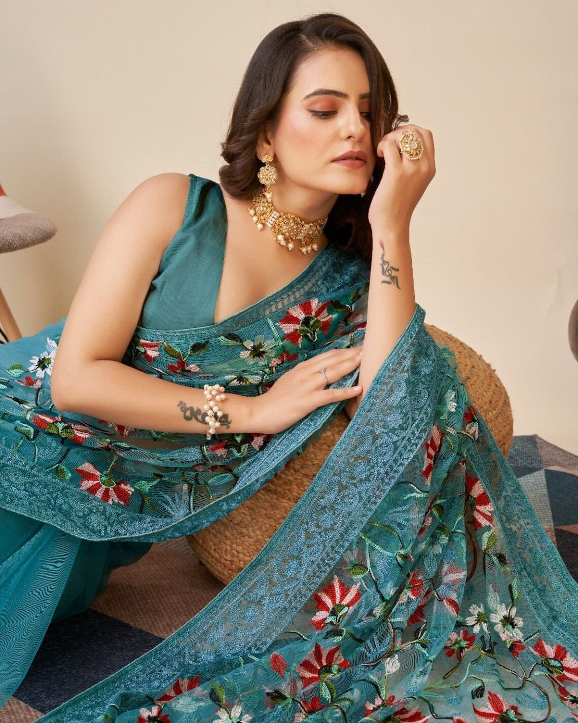 Soft Net With Embroidery Design Work Saree With Blouse image 4