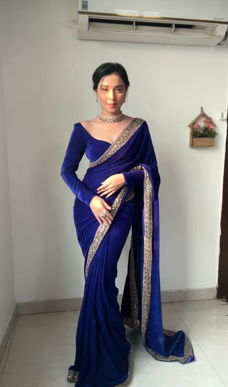 Pure Velvet With Embroidery Border Ready To Wear Saree image 4