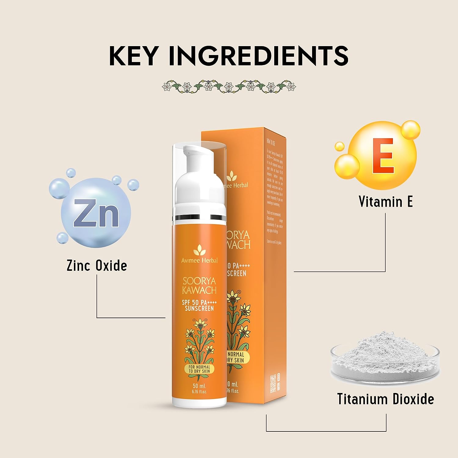Avimee Herbal Soorya Kawach Sunscreen SPF 50 PA++++ No White Cast, Non Greasy, Light Weight 50 ML image 4