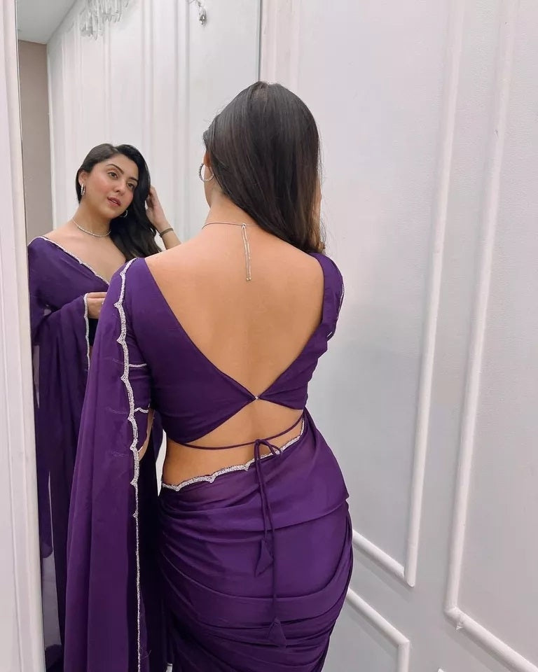 Classic Soft Rich Elegant Chinon Fabric Saree & Blouse image 4