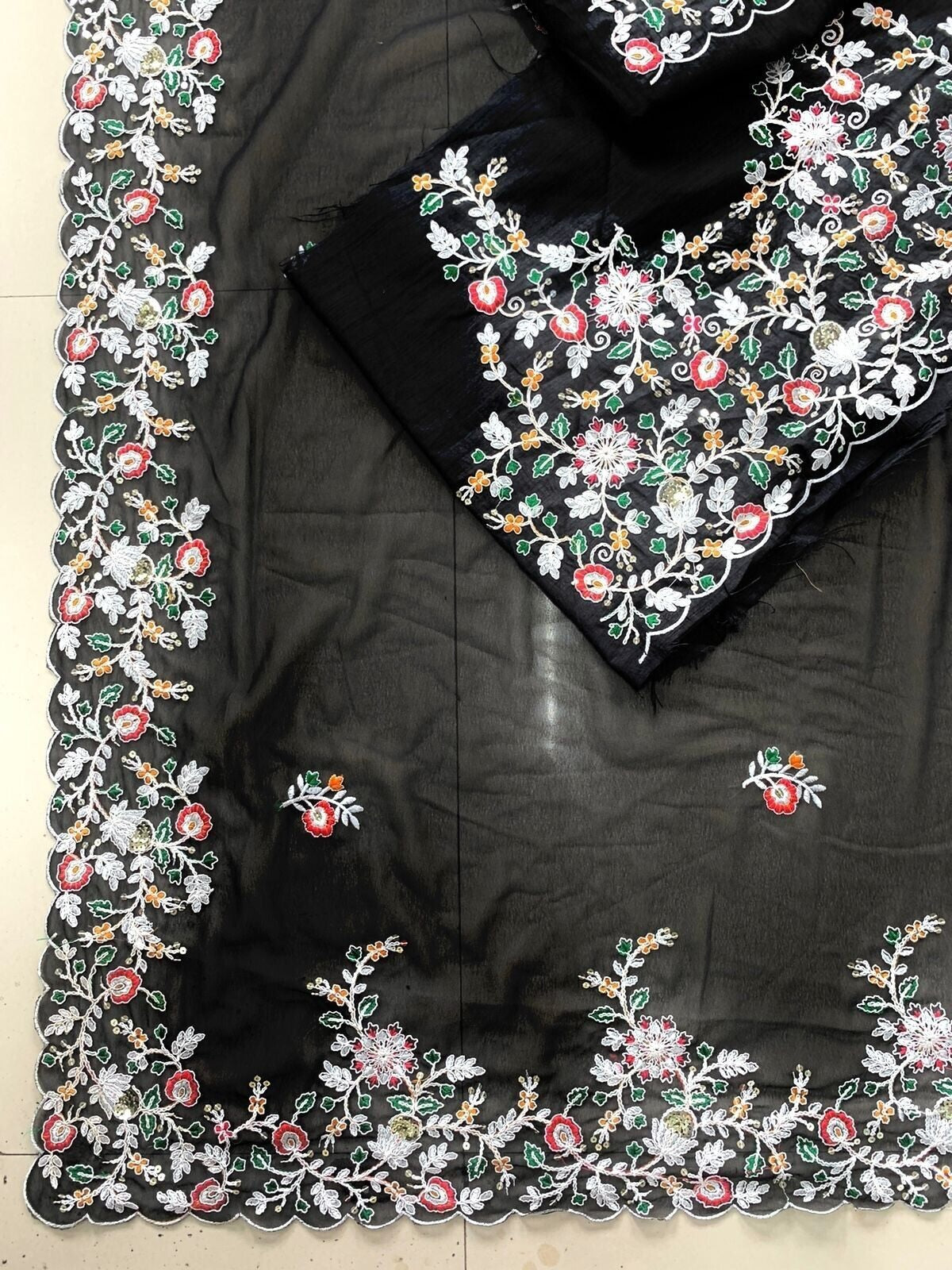 Black Georgette Embroidery Work Saree image 4
