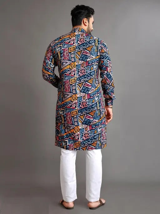Navy Blue Men's Premium Soft Cotton Foil Print Kurta image 4