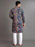 Navy Blue Men's Premium Soft Cotton Foil Print Kurta image 4
