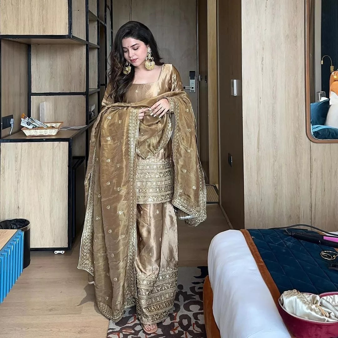 Fancy Satin With Sequence Work Top Palazzo & Dupatta image 4