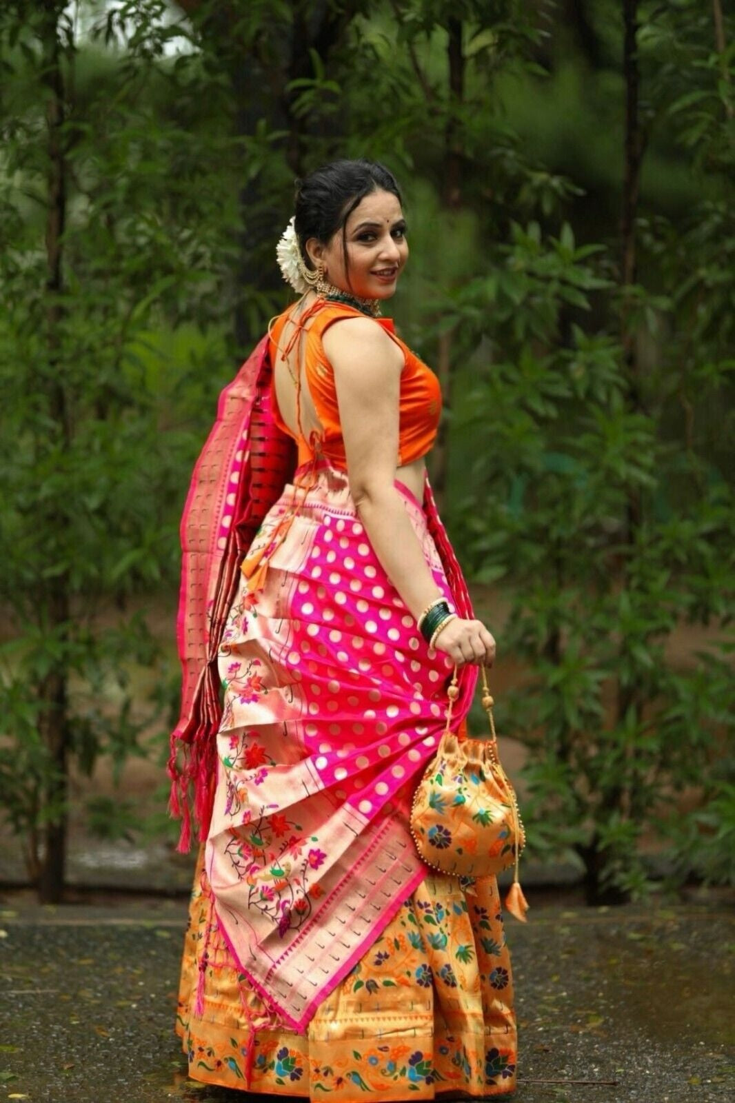 Orange Silk Paithani Weaving Zari Work Lehenga image 3