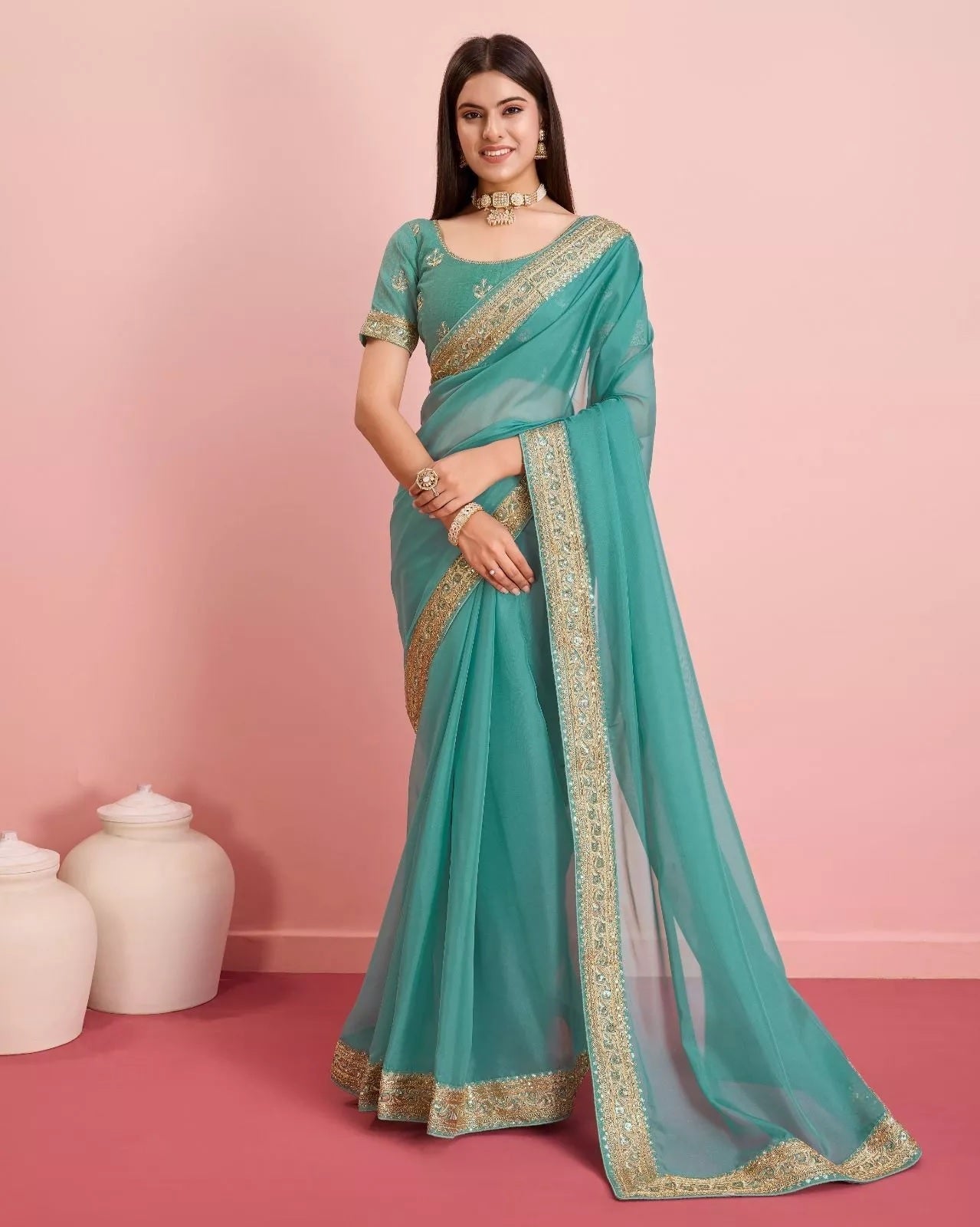Tabby Silk Organza, Embroidery Lace Work Saree image 7