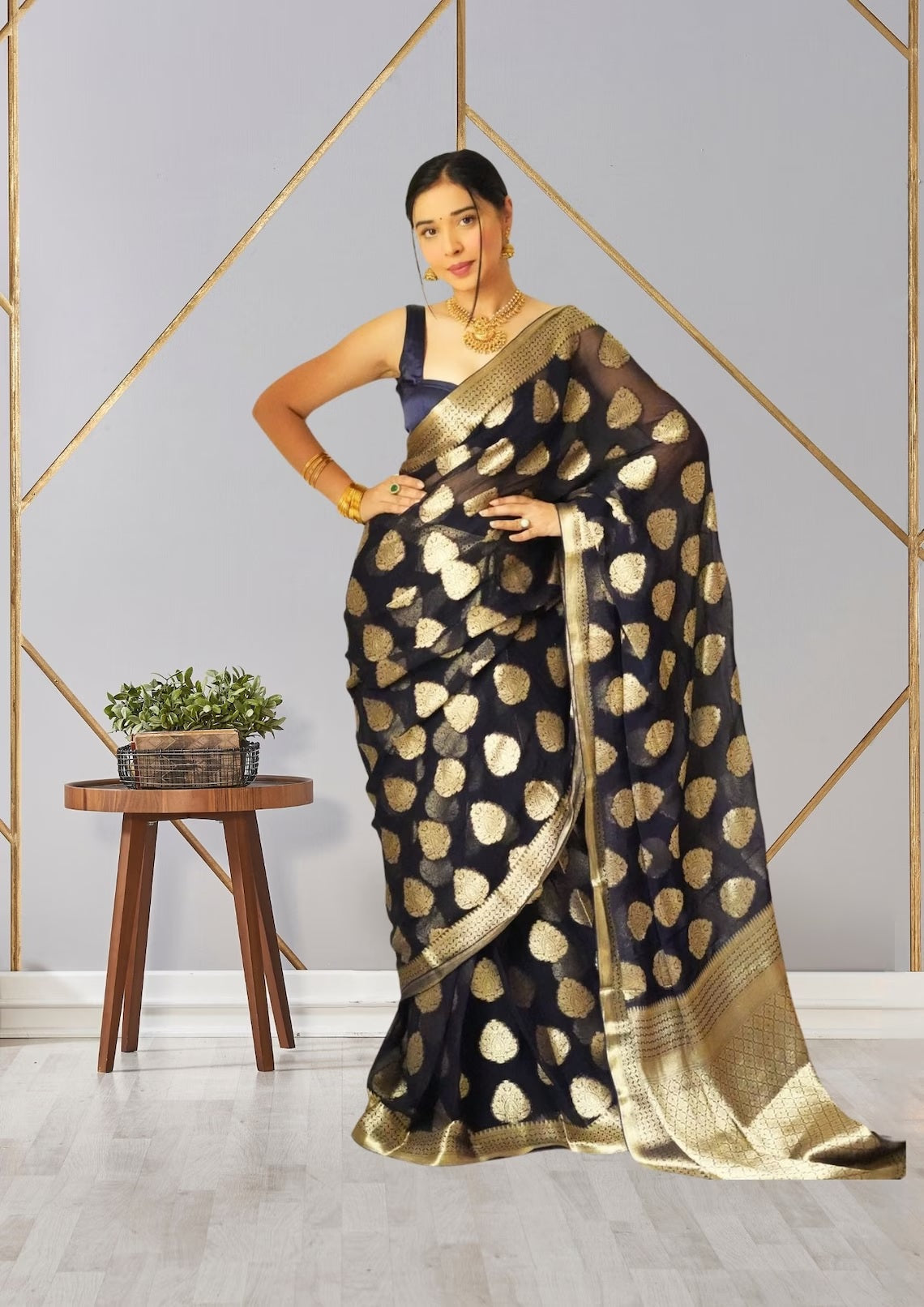 Black Soft Linen Slub One Minute Saree With Blouse image 4