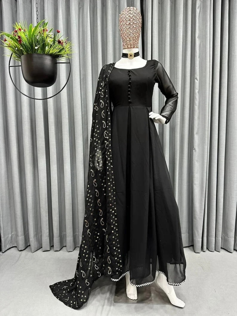 Black Faux Georgette Anarkali Gown Dresses With Dupatta image 4