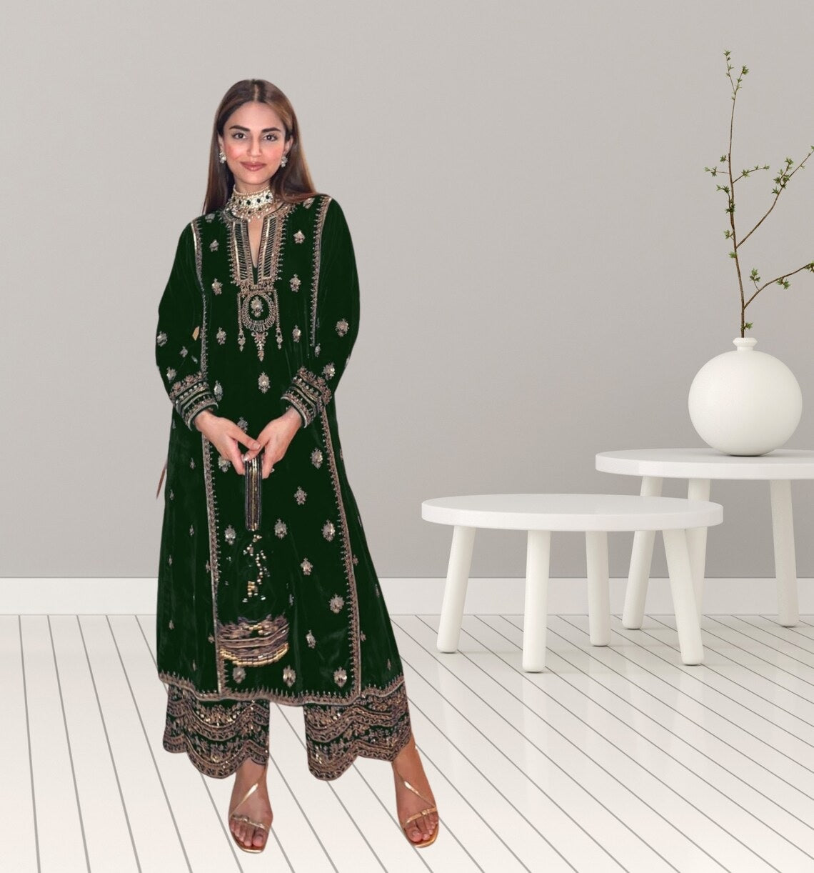 Pure Viscose Velvet Embroidery Sequence Work Top Bottom Dupatta image 4