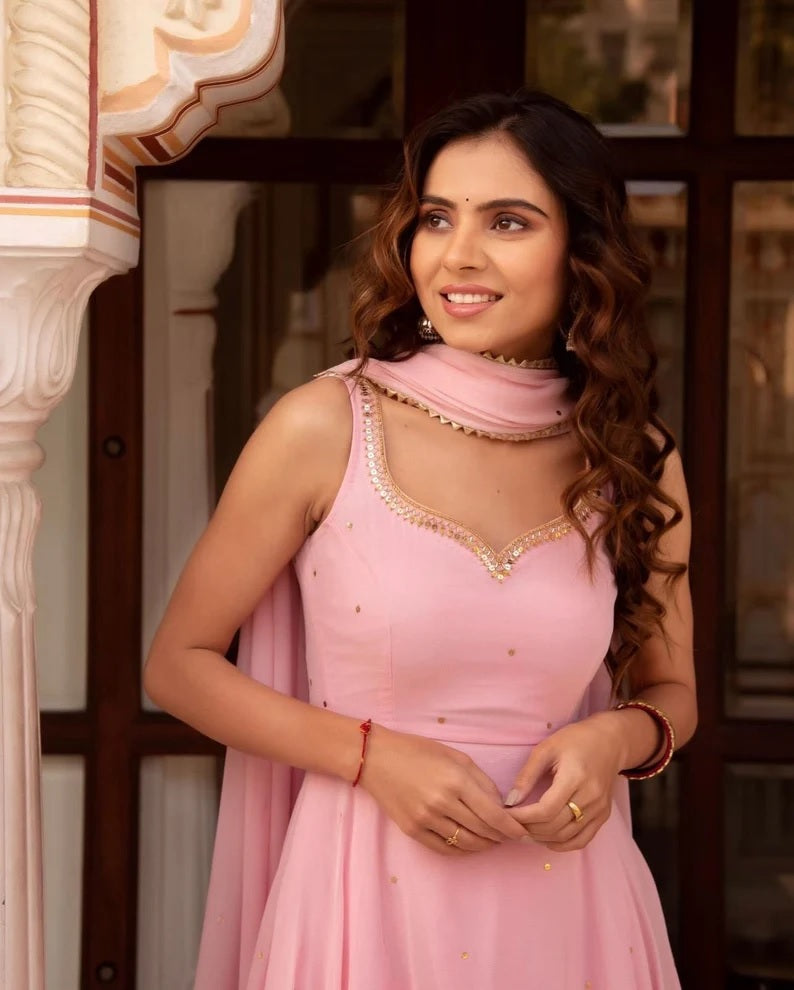 Peach Georgette & Sequence Work Gown Dresses With Dupatta image 4