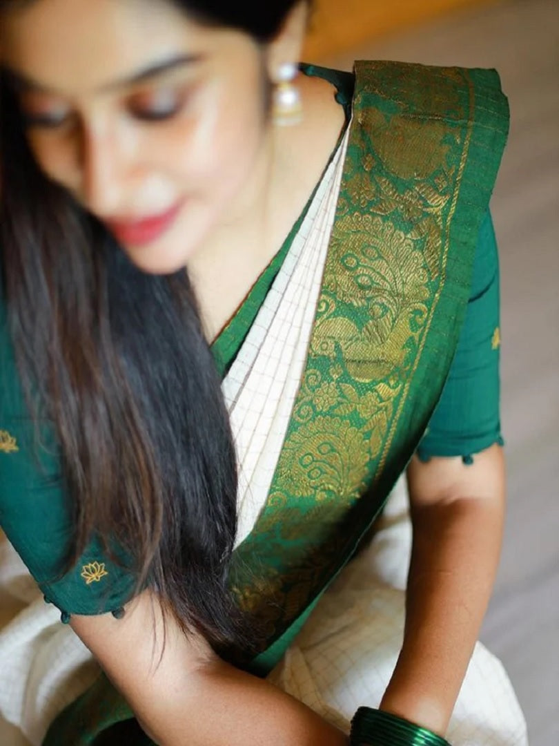 Green & White Ethnic Chexs Lichi Silk Blend Banarasi Saree image 4