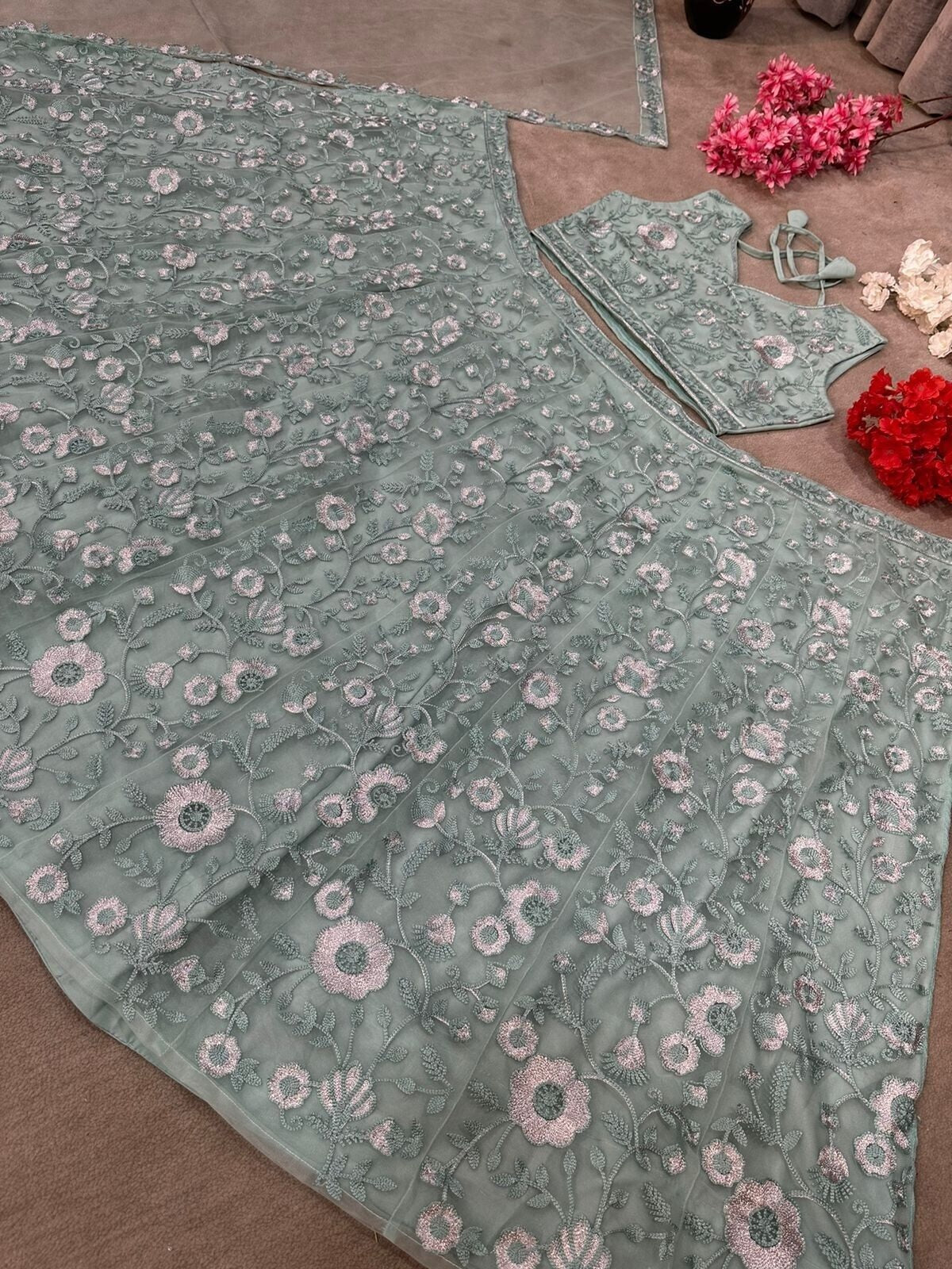 Net With Embroidery Work Lengha Choli Dupatta image 4
