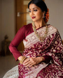 Maroon Soft Lichi Silk & Jacquard Work Saree With Blouse image 5