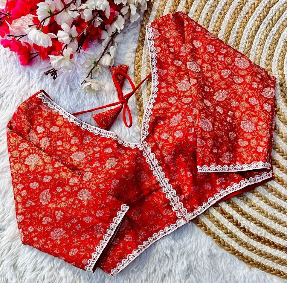 Banaras Silk Blouse Golden And Silver Jari Blouse, Ready Made Blouse image 4