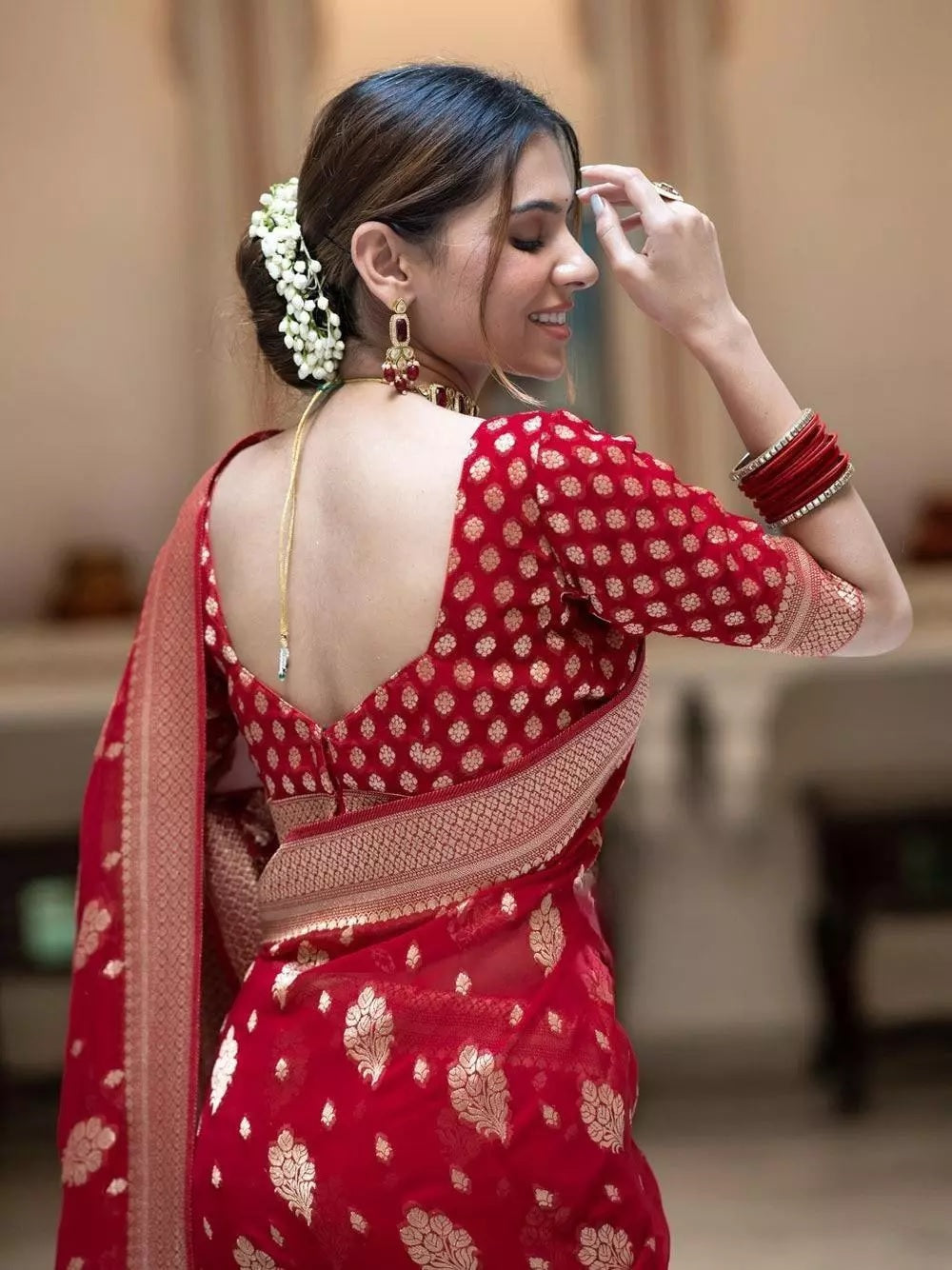 Red  Banarasi Soft Silk Saree With  Unstitched Blouse image 4